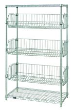 The Quantum Wire Basket Unit, 48W x 18L x 63H, includes two wire shelves, four posts, and three chrome-plated baskets adjustable in 1 increments with collar hooks. Each basket holds up to 110 lbs., making it ideal for home or commercial storage and organization.