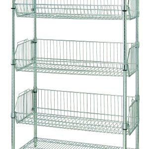 The Quantum Wire Basket Unit, 48W x 18L x 63H, includes two wire shelves, four posts, and three chrome-plated baskets adjustable in 1 increments with collar hooks. Each basket holds up to 110 lbs., making it ideal for home or commercial storage and organization.
