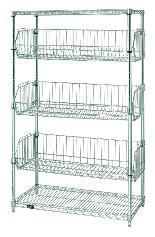 The Quantum Wire Basket Unit, 48W x 18L x 63H, includes two wire shelves, four posts, and three chrome-plated baskets adjustable in 1 increments with collar hooks. Each basket holds up to 110 lbs., making it ideal for home or commercial storage and organization.