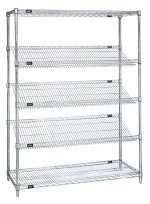 The Quantum Slanted Shelving is a modern storage solution with a chrome-plated finish, featuring (2) flat wire shelves, (3) slanted wire shelves, and supported by (4) 63 posts, measuring 48W x 18D x 63H.
