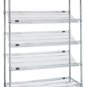 The Quantum Slanted Shelving is a modern storage solution with a chrome-plated finish, featuring (2) flat wire shelves, (3) slanted wire shelves, and supported by (4) 63 posts, measuring 48W x 18D x 63H.