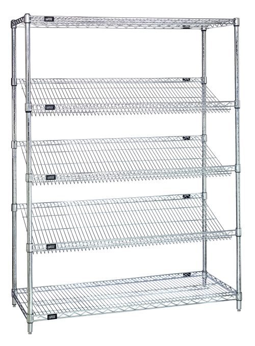The Quantum Slanted Shelving is a modern storage solution with a chrome-plated finish, featuring (2) flat wire shelves, (3) slanted wire shelves, and supported by (4) 63 posts, measuring 48W x 18D x 63H.