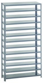 The Quantum Shelving Unit, measuring 18D x 36L x 75H, features a minimalist industrial design with a galvanized steel finish. It includes 13 evenly spaced shelves and offers exceptional durability with a load capacity of 400 lbs. per shelf, supported by open sides and perforated uprights.