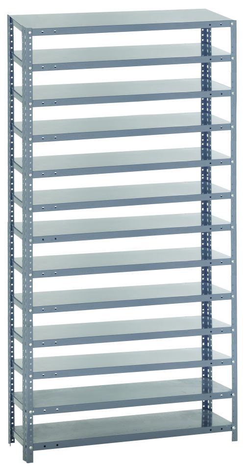 The Quantum Shelving Unit, measuring 18D x 36L x 75H, features a minimalist industrial design with a galvanized steel finish. It includes 13 evenly spaced shelves and offers exceptional durability with a load capacity of 400 lbs. per shelf, supported by open sides and perforated uprights.