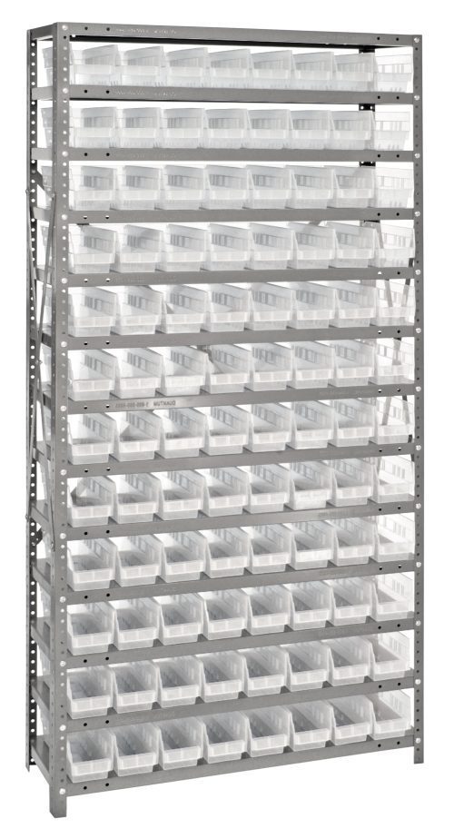 1875-103CL.jpg The Quantum Shelving Unit, measuring 18D x 36L x 75H, features a robust galvanized steel frame with 13 shelves and holds up to 96 clear black bins (Qsb103), each 17-7/8L x 4-1/8W x 4H, ideal for organizing spaces with a heavy-duty load capacity of 400 lbs per shelf.