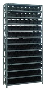 The Quantum Shelving Unit, measuring 18D x 36L x 75H, includes 13 shelves and can hold up to 400 lbs. per shelf. It comes with 96 (QSB103) black bins each sized at 17-7/8L x 4-1/8W x 4H. Featuring a galvanized steel finish, it organizes items efficiently against a plain white background.