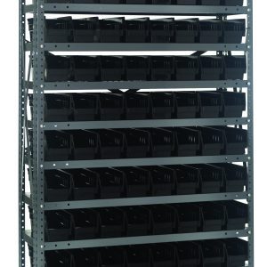 The Quantum Shelving Unit, measuring 18D x 36L x 75H, includes 13 shelves and can hold up to 400 lbs. per shelf. It comes with 96 (QSB103) black bins each sized at 17-7/8L x 4-1/8W x 4H. Featuring a galvanized steel finish, it organizes items efficiently against a plain white background.