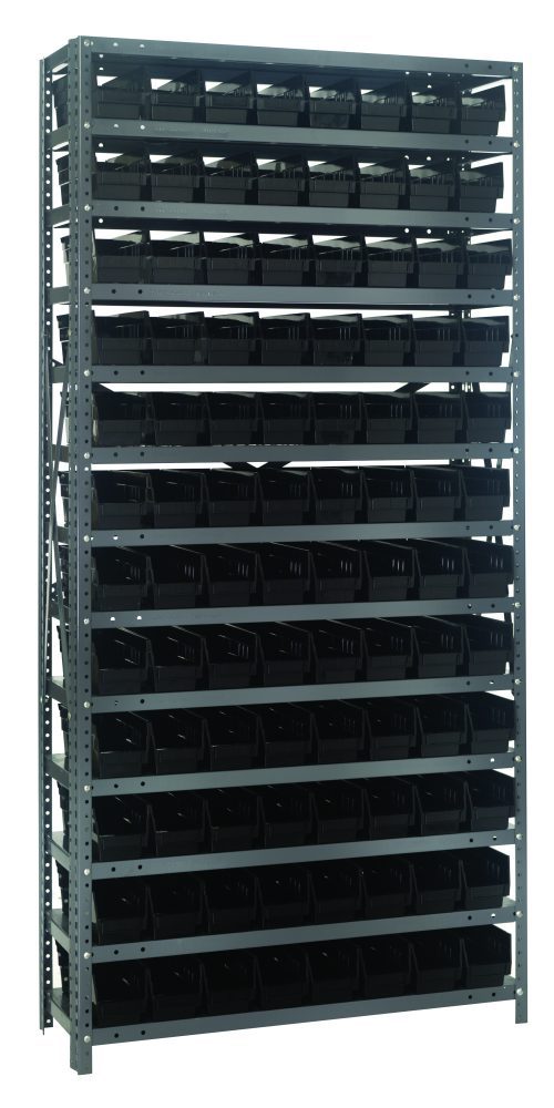 The Quantum Shelving Unit, measuring 18D x 36L x 75H, includes 13 shelves and can hold up to 400 lbs. per shelf. It comes with 96 (QSB103) black bins each sized at 17-7/8L x 4-1/8W x 4H. Featuring a galvanized steel finish, it organizes items efficiently against a plain white background.