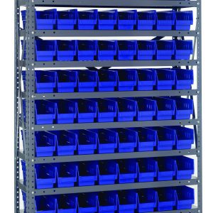 The Quantum Shelving Unit, measuring 18D x 36L x 75H and offering a heavy-duty 400 lb. load capacity per shelf, includes 13 shelves with (96) QSB103 blue plastic bins (17-7/8L x 4-1/8W x 4H), making it perfect for organizing small items. The unit features uprights and cross bars in galvanized steel.