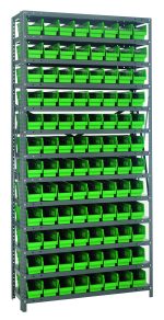 The Quantum Shelving Unit measures 18D x 36L x 75H and supports 400 lbs per shelf. It features a galvanized steel finish, includes 13 shelves and comes with 96 green QSB103 bins (17-7/8L x 4-1/8W x 4H) that are neatly organized across nine levels for efficient storage.