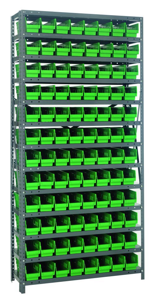 The Quantum Shelving Unit measures 18D x 36L x 75H and supports 400 lbs per shelf. It features a galvanized steel finish, includes 13 shelves and comes with 96 green QSB103 bins (17-7/8L x 4-1/8W x 4H) that are neatly organized across nine levels for efficient storage.