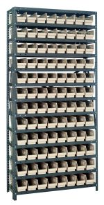 This Quantum Shelving Unit, measuring 18D x 36L x 75H and made of galvanized steel, features a sturdy load capacity of 400 lb. per shelf. It includes 13 shelves and neatly organizes (96) ivory black bins (QSB103) sized at 17-7/8L x 4-1/8W x 4H for optimal storage.