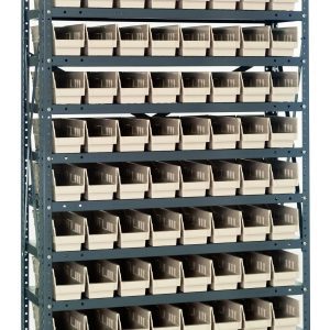 This Quantum Shelving Unit, measuring 18D x 36L x 75H and made of galvanized steel, features a sturdy load capacity of 400 lb. per shelf. It includes 13 shelves and neatly organizes (96) ivory black bins (QSB103) sized at 17-7/8L x 4-1/8W x 4H for optimal storage.