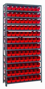 The Quantum Shelving Unit, measuring 18D x 36L x 75H, features a heavy-duty galvanized steel frame with a 400 lb load capacity per each of its 13 shelves. It includes uprights and cross bars, arranged with 96 red Qsb103 bins for organized storage in demanding environments.
