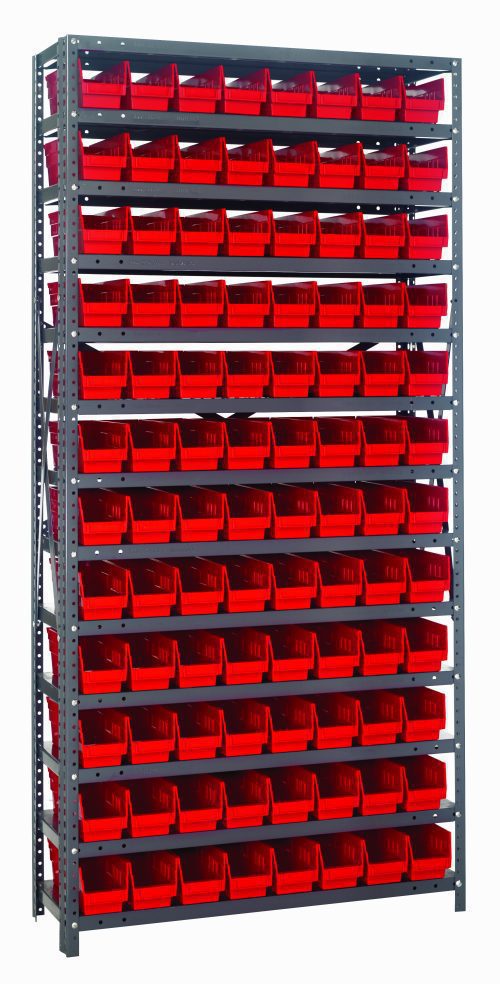 1875-103_RD.jpg The Quantum Shelving Unit, measuring 18D x 36L x 75H, features a heavy-duty galvanized steel frame with a 400 lb load capacity per each of its 13 shelves. It includes uprights and cross bars, arranged with 96 red Qsb103 bins for organized storage in demanding environments.
