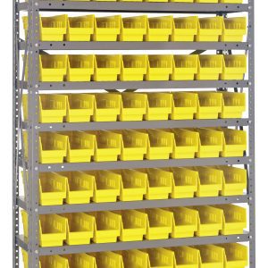 The Quantum Shelving Unit, 18D x 36L x 75H, features 13 heavy-duty galvanized steel shelves, each with a 400 lb. load capacity. It neatly organizes 96 QSB103 bins (17-7/8L x 4-1/8W x 4H) in yellow and black for optimal storage efficiency across seven levels.