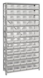 The Quantum Shelving Unit, measuring 18D x 36L x 75H with a galvanized steel finish, features (13) heavy-duty shelves that each support up to 400 lbs. It includes (60) clear black Qsb104 bins and has sturdy uprights and cross bars for organization and stability.