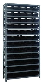 The Quantum Shelving Unit, measuring 18D x 36L x 75H, features a galvanized steel frame with uprights and cross bars. It includes 13 heavy-duty shelves, each with a 400 lb load capacity, and comes with 60 Qsb104 black bins for versatile organization against any backdrop.