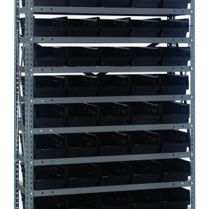 The Quantum Shelving Unit, measuring 18D x 36L x 75H, features a galvanized steel frame with uprights and cross bars. It includes 13 heavy-duty shelves, each with a 400 lb load capacity, and comes with 60 Qsb104 black bins for versatile organization against any backdrop.