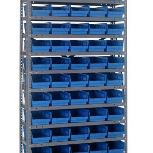 The Quantum Shelving Unit is a freestanding, heavy-duty structure sized 18D x 36L x 75H. It features a galvanized steel finish with a 400 lb. load capacity per shelf, includes 13 shelves, and comes with 60 QSB104 blue black bins in a grid-like design for efficient storage or organization.