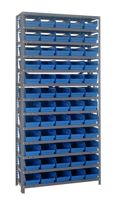 The Quantum Shelving Unit is a freestanding, heavy-duty structure sized 18D x 36L x 75H. It features a galvanized steel finish with a 400 lb. load capacity per shelf, includes 13 shelves, and comes with 60 QSB104 blue black bins in a grid-like design for efficient storage or organization.