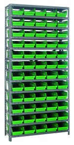 The Quantum Shelving Unit features a galvanized steel finish, measuring 18D x 36L x 75H, with a heavy-duty load capacity of 400 lb. per shelf. It includes 13 shelves and comes with 60 green bins (17-7/8L x 6-5/8W x 4H), offering versatile freestanding storage and efficient organization.