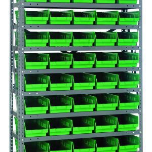 The Quantum Shelving Unit features a galvanized steel finish, measuring 18D x 36L x 75H, with a heavy-duty load capacity of 400 lb. per shelf. It includes 13 shelves and comes with 60 green bins (17-7/8L x 6-5/8W x 4H), offering versatile freestanding storage and efficient organization.