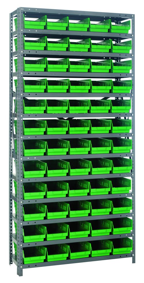1875-104_GN.jpg The Quantum Shelving Unit features a galvanized steel finish, measuring 18D x 36L x 75H, with a heavy-duty load capacity of 400 lb. per shelf. It includes 13 shelves and comes with 60 green bins (17-7/8L x 6-5/8W x 4H), offering versatile freestanding storage and efficient organization.
