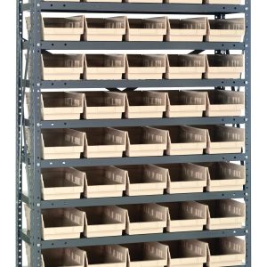 The Quantum Shelving Unit, measuring 18D x 36L x 75H, features a heavy-duty design with a 400 lb. capacity per shelf. It includes (13) shelves and comes with (60) QSB104 ivory black bins, making it ideal for organizing small parts or tools efficiently and stylishly.