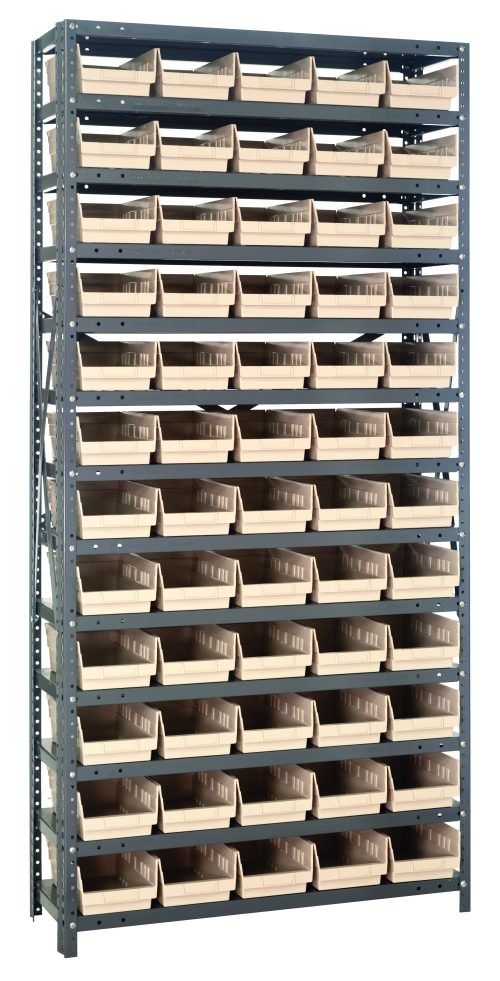 The Quantum Shelving Unit, measuring 18D x 36L x 75H, features a heavy-duty design with a 400 lb. capacity per shelf. It includes (13) shelves and comes with (60) QSB104 ivory black bins, making it ideal for organizing small parts or tools efficiently and stylishly.