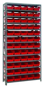 The Quantum Shelving Unit, measuring 18D x 36L x 75H, features a heavy-duty design with 13 galvanized steel shelves, each with a 400 lb. load capacity. It comes with 60 red plastic bins (QSB104), providing impeccable organization and sturdy storage from top to bottom.