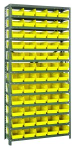 The Quantum Shelving Unit, measuring 18D x 36L x 75H, boasts a robust build with galvanized steel finish. It includes 13 shelves and comes with 60 open-front QSB104 yellow bins (17-7/8L x 6-5/8W x 4H), ensuring accessible storage in workshops or warehouses. Each shelf can hold up to 400 lbs.