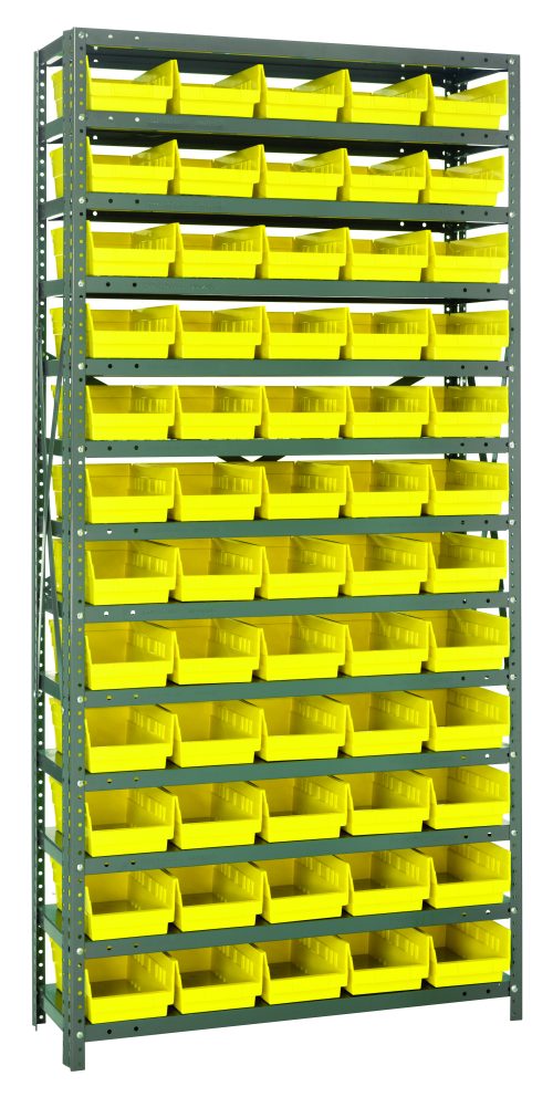1875-104_YL.jpg The Quantum Shelving Unit, measuring 18D x 36L x 75H, boasts a robust build with galvanized steel finish. It includes 13 shelves and comes with 60 open-front QSB104 yellow bins (17-7/8L x 6-5/8W x 4H), ensuring accessible storage in workshops or warehouses. Each shelf can hold up to 400 lbs.
