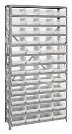The Quantum Shelving Unit measures 18D x 36L x 75H, supports 400 lbs per shelf, and includes 13 shelves with 48 QSB108 clear black bins (17-7/8L x 8-3/8W x 4H). Featuring durable galvanized steel finish, it has angled back supports for stability.