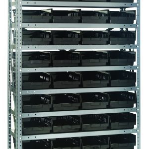 The Quantum Shelving Unit, measuring 18D x 36L x 75H, features a heavy-duty design with a 400 lb. load capacity per shelf. It includes 13 shelves and comes with 48 black QSB108 bins (17-7/8L x 8-3/8W x 4H) organized within its sturdy galvanized steel frame with uprights and cross bars.