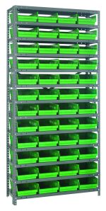 The Quantum Shelving Unit, measuring 18D x 36L x 75H, offers a heavy-duty storage solution with a load capacity of 400 lbs per shelf. It includes 13 shelves and comes with 48 bright green QSB108 bins, featuring galvanized steel uprights and crossbars for organized efficiency.