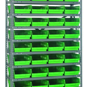 The Quantum Shelving Unit, measuring 18D x 36L x 75H, offers a heavy-duty storage solution with a load capacity of 400 lbs per shelf. It includes 13 shelves and comes with 48 bright green QSB108 bins, featuring galvanized steel uprights and crossbars for organized efficiency.