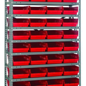 The Quantum Shelving Unit, measuring 18D x 36L x 75H, holds up to 400 lbs per shelf and includes 13 shelves with 48 red QSB108 bins (17-7/8L x 8-3/8W x 4H). It features a galvanized steel finish for durability, uprights, and crossbars for stability.