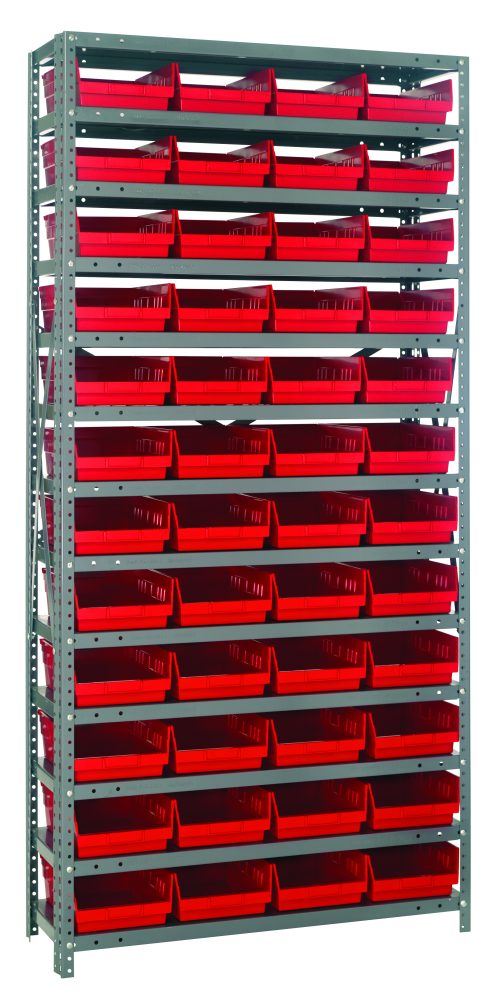 1875-108_RD.jpg The Quantum Shelving Unit, measuring 18D x 36L x 75H, holds up to 400 lbs per shelf and includes 13 shelves with 48 red QSB108 bins (17-7/8L x 8-3/8W x 4H). It features a galvanized steel finish for durability, uprights, and crossbars for stability.
