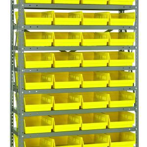 The Quantum Shelving Unit, measuring 18D x 36L x 75H, features a heavy-duty frame with a 400 lb. load capacity per shelf. It comes with 13 shelves and includes 48 vibrant Qsb108 yellow bins (17-7/8L x 8-3/8W x 4H), all in galvanized steel finish for organized storage.