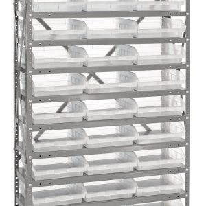 The Quantum Shelving Unit, measuring 18D x 36L x 75H with a galvanized steel finish, supports up to 400 lb. per shelf and includes 13 adjustable shelves. It comes with 36 clear black QSB110 bins (17-7/8L x 11-1/8W x 4H), ideal for organized storage with open sides and front access.