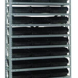 The Quantum Shelving Unit is a heavy-duty 18D x 36L x 75H metal unit with a galvanized steel finish. It includes 13 shelves, each with a 400 lb load capacity, and holds 36 black QSB110 bins (17-7/8L x 11-1/8W x 4H) for optimal organization. Perfect for efficient storage solutions.