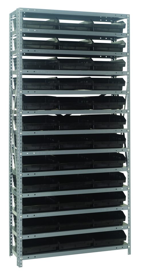 The Quantum Shelving Unit is a heavy-duty 18D x 36L x 75H metal unit with a galvanized steel finish. It includes 13 shelves, each with a 400 lb load capacity, and holds 36 black QSB110 bins (17-7/8L x 11-1/8W x 4H) for optimal organization. Perfect for efficient storage solutions.