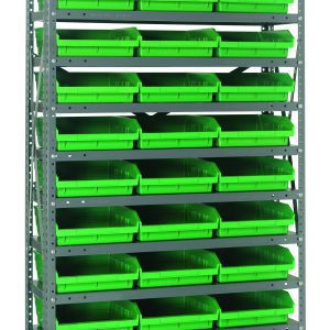 The Quantum Shelving Unit, measuring 18D x 36L x 75H, features 13 heavy-duty shelves, each with a 400 lb load capacity. It includes upright posts and cross bars in a galvanized steel finish, and comes with neatly organized green QSB110 bins efficiently spaced across the unit.