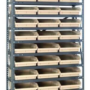 The Quantum Shelving Unit (18D x 36L x 75H) offers a heavy-duty design with a 400 lb. load capacity per shelf. It features 13 shelves and includes 36 ivory black plastic bins (QSB110, each measuring 17-7/8L x 11-1/8W x 4H), ideal for seamless organization in its galvanized steel finish.