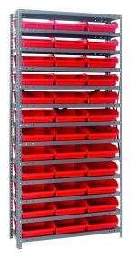 The Quantum Shelving Unit, measuring 18D x 36L x 75H, features a heavy-duty design with a 400 lb. load capacity per shelf. It includes 13 shelves, each equipped with (36) QSB110 red black bins, and is supported by a galvanized steel frame ideal for efficient tool or supply storage.