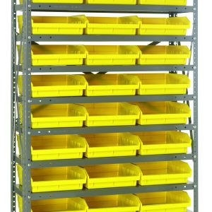 The Quantum Shelving Unit, measuring 18D x 36L x 75H, has a heavy-duty galvanized steel finish with a load capacity of 400 lb. per shelf. It includes 13 shelves and (36) QSB110 yellow black bins, each sized at 17-7/8L x 11-1/8W x 4H, supported by sturdy uprights and cross bars.