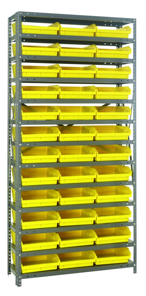 The Quantum Shelving Unit, measuring 18D x 36L x 75H, has a heavy-duty galvanized steel finish with a load capacity of 400 lb. per shelf. It includes 13 shelves and (36) QSB110 yellow black bins, each sized at 17-7/8L x 11-1/8W x 4H, supported by sturdy uprights and cross bars.