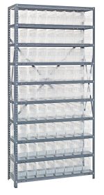 The Quantum Shelving Unit, measuring 18D x 36L x 75H, features a galvanized steel finish and includes 13 shelves. It holds 72 QSB203 clear black bins (17-7/8L x 4-1/8W x 4H), creating a heavy-duty storage system with up to a 400 lb load capacity per shelf.