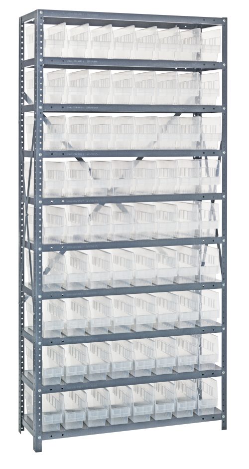 The Quantum Shelving Unit, measuring 18D x 36L x 75H, features a galvanized steel finish and includes 13 shelves. It holds 72 QSB203 clear black bins (17-7/8L x 4-1/8W x 4H), creating a heavy-duty storage system with up to a 400 lb load capacity per shelf.